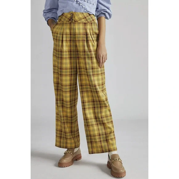 NEW Anthropologie Yellow Wide-Leg Plaid Pants - Size Medium - Picture 2 of 6